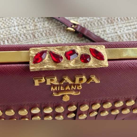 Prada Burgendy Saffiano city C Lux leather Studded Idol Should bag - Picture 4 of 13